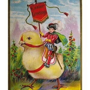 Easter Postcard Fantasy Knight Riding Giant Baby Chick Renaissance Gent Vintage